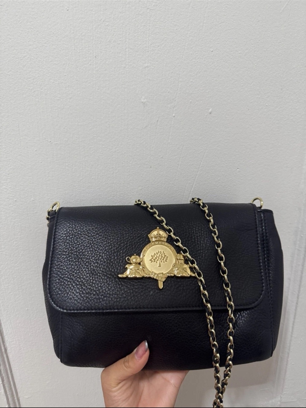 Mulberry Black Leather Crossbody with Gold Crest Detail